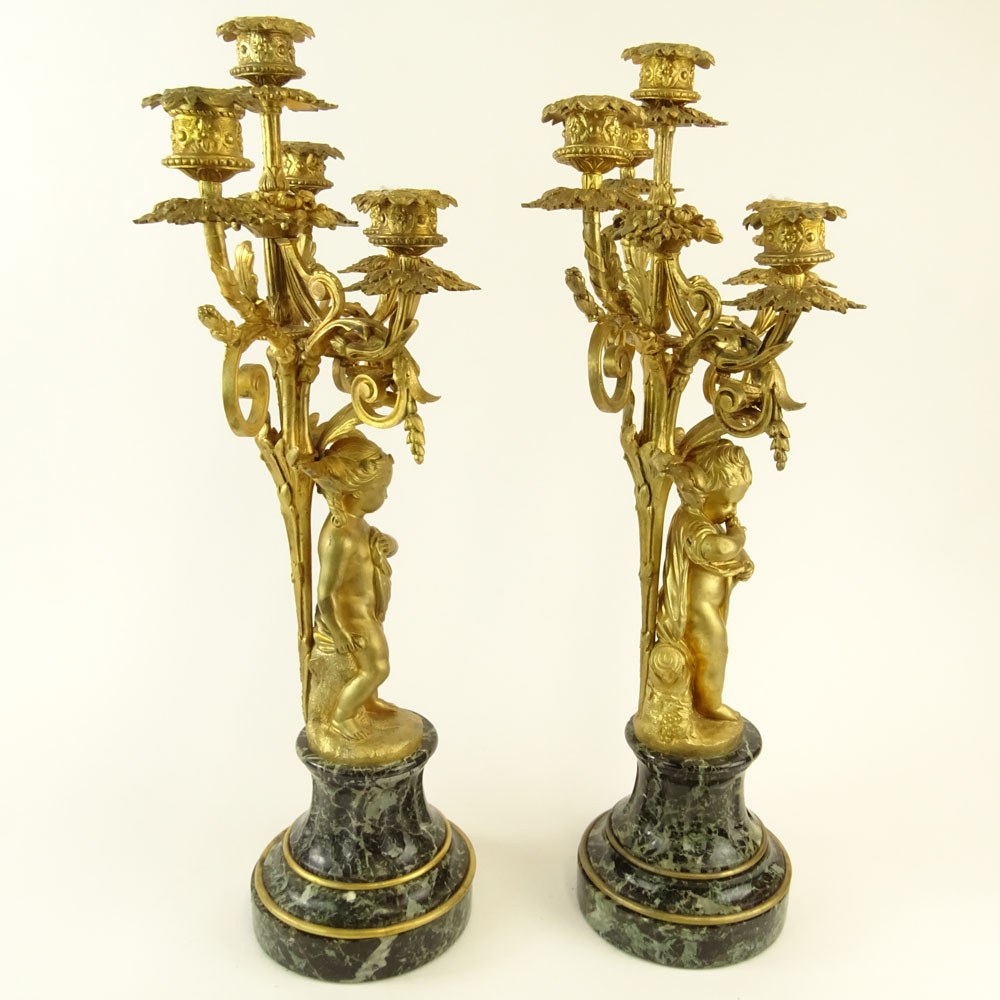 Early 20th Century Gilt Metal and Serpentine Marble Five Light Candelabra. Unsigned.