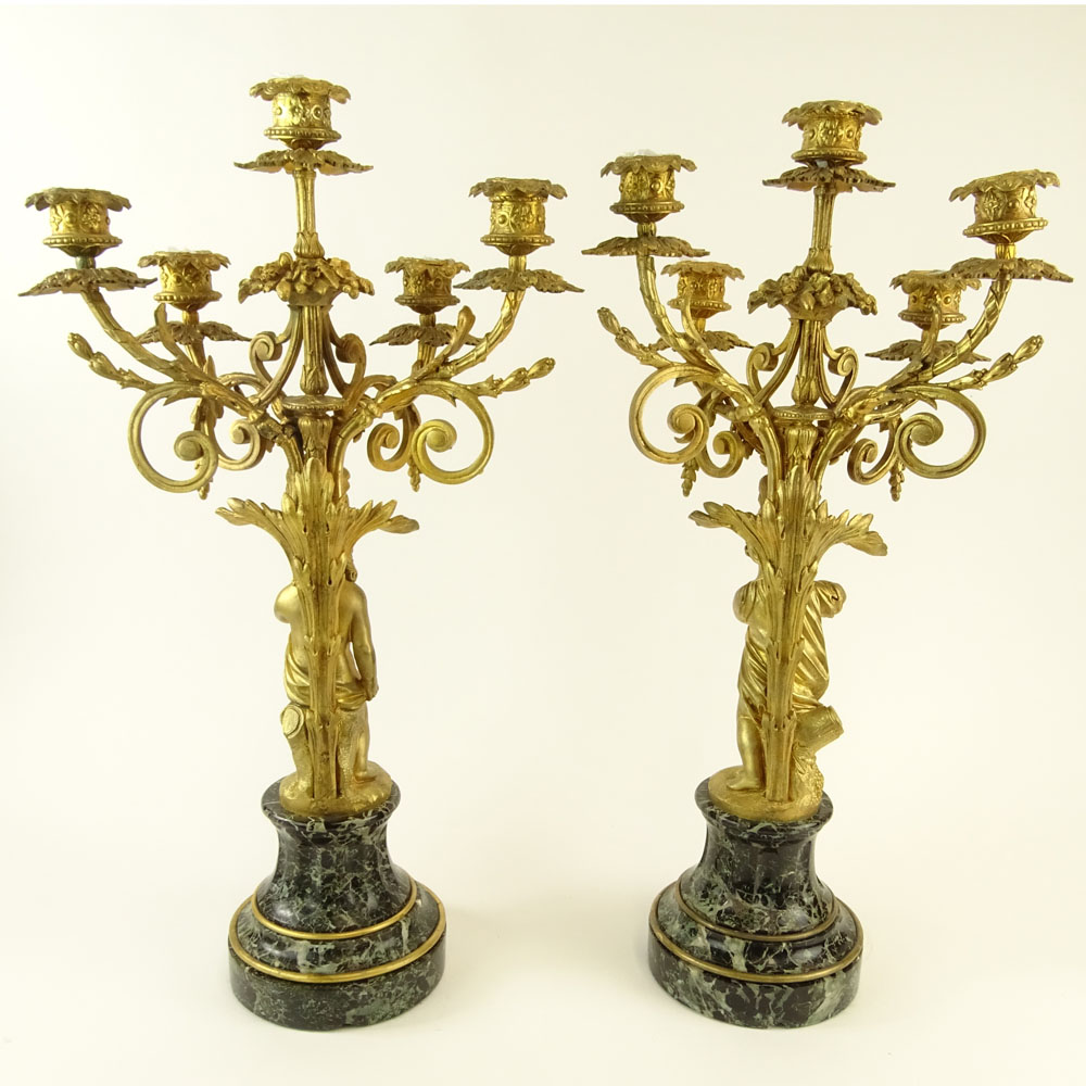 Early 20th Century Gilt Metal and Serpentine Marble Five Light Candelabra. Unsigned.