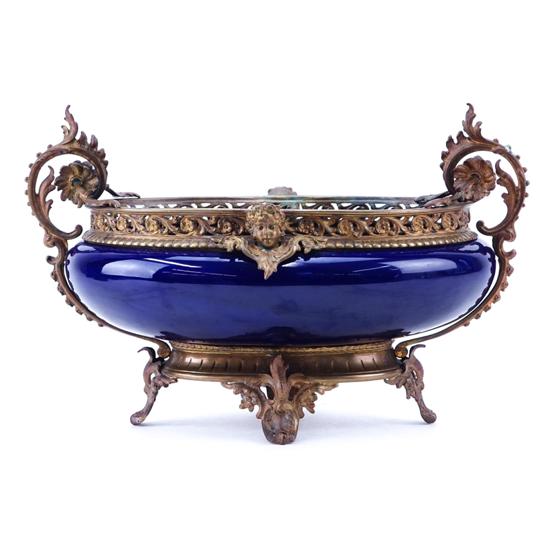 Antique Sevres-Style Gilt Bronze Mounted Cobalt Blue Centerpiece. Unsigned.