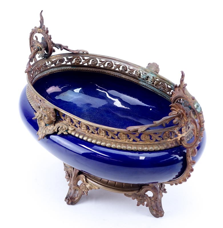 Antique Sevres-Style Gilt Bronze Mounted Cobalt Blue Centerpiece. Unsigned.