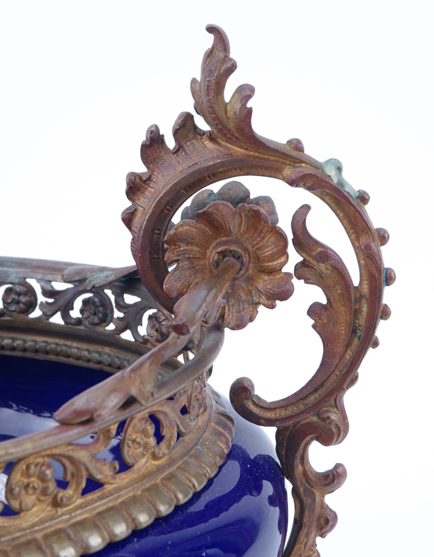 Antique Sevres-Style Gilt Bronze Mounted Cobalt Blue Centerpiece. Unsigned.