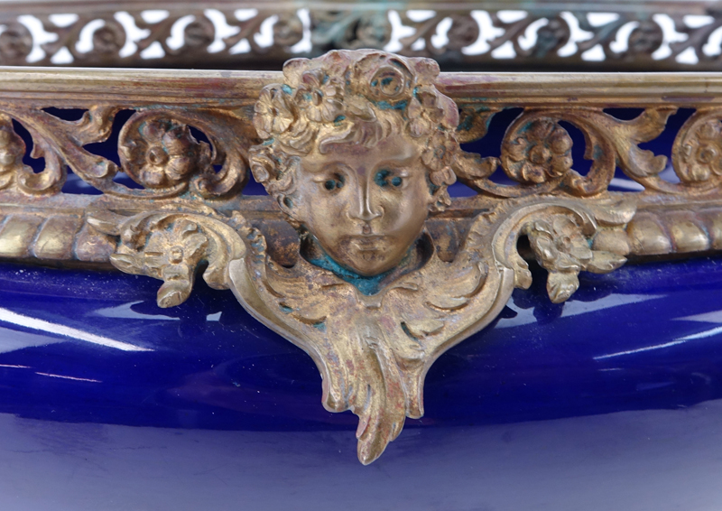 Antique Sevres-Style Gilt Bronze Mounted Cobalt Blue Centerpiece. Unsigned.