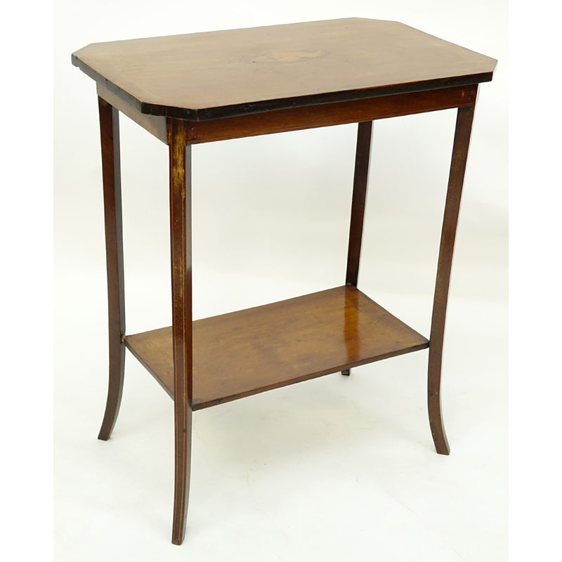 19th Century Sheraton Style Side Table. Center shell motif inlay with two tone gallery.