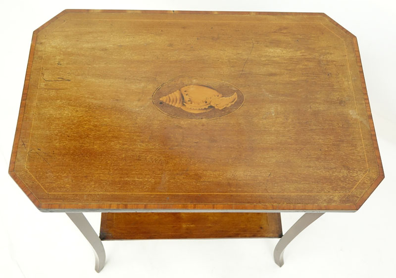 19th Century Sheraton Style Side Table. Center shell motif inlay with two tone gallery.