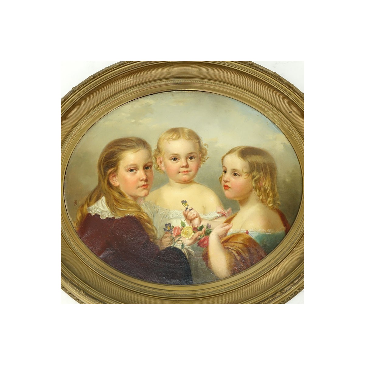 Fridolin Schlegel, American (mid-19th century) Oil on Canvas "Three Sisters". Initialed lower left, signed and dated 1859 en verso.