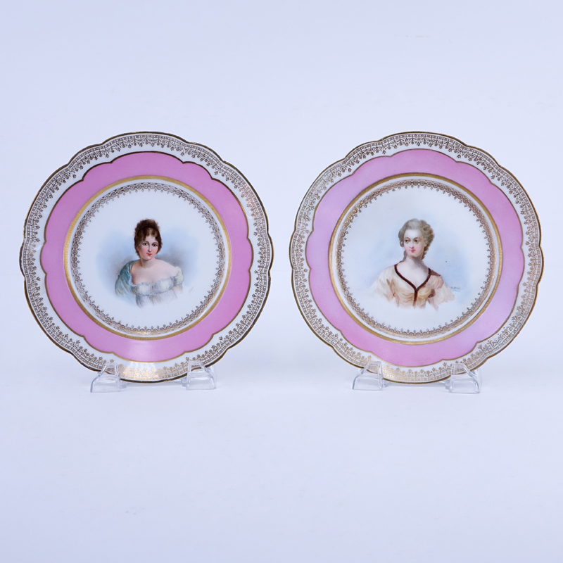 Pair of 19/20th Century Sevres Porcelain Cabinet Plates, Chateau de Tuileries Rose Pompadour and Gilt Hand painted Cabinet Plates. Features a portrait of Madame Recamier and another of Madame de Créquy?.