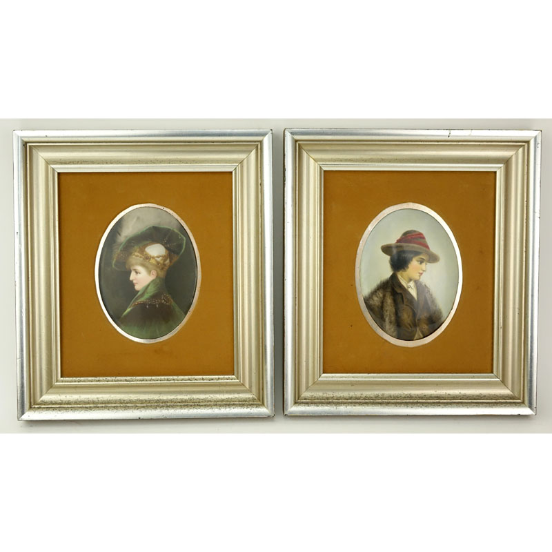 Pair of 20th Century Italian Porcelain Portrait Plaques. Depicts a young woman and young boy.