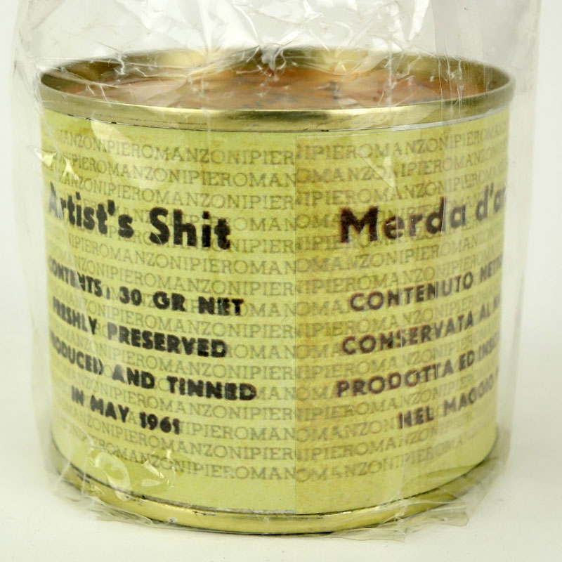 After Piero Manzoni, Italian (1933 - 1963) Tin can and Printed paper, in cellophane bag with thumbprint "Merda d'Arista - Artist's Shit" Marked Piero Manzoni 1963/2013. Produced By Piero Manzoni (printed signature) No.