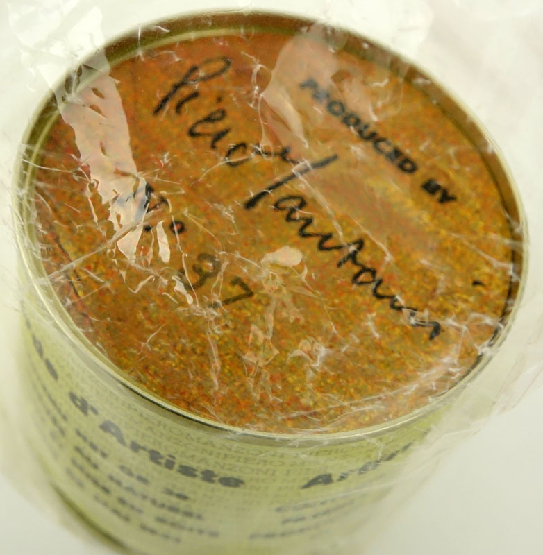After Piero Manzoni, Italian (1933 - 1963) Tin can and Printed paper, in cellophane bag with thumbprint "Merda d'Arista - Artist's Shit" Marked Piero Manzoni 1963/2013. Produced By Piero Manzoni (printed signature) No.