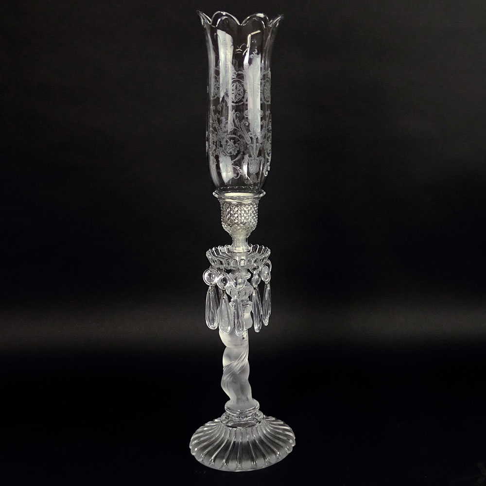 Baccarat Figural Candlestick With Prisms and Etched Hurricane Shade. Signed.