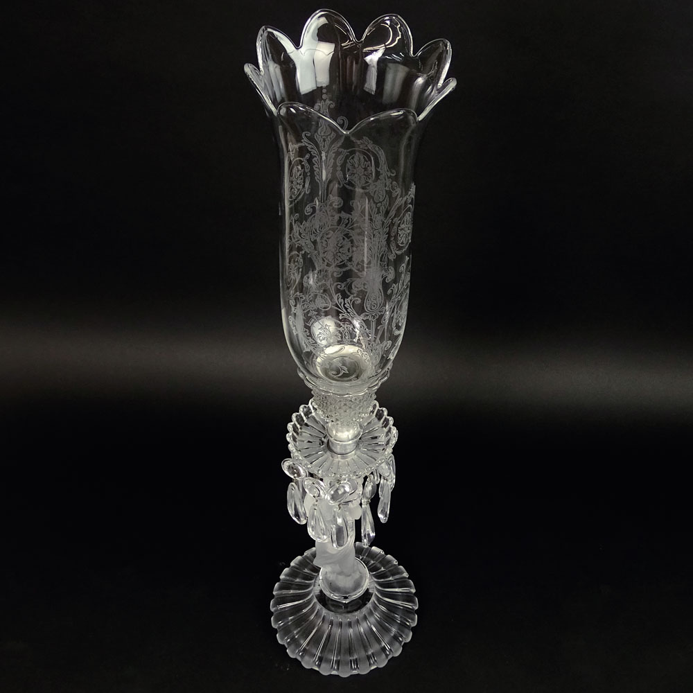 Baccarat Figural Candlestick With Prisms and Etched Hurricane Shade. Signed.