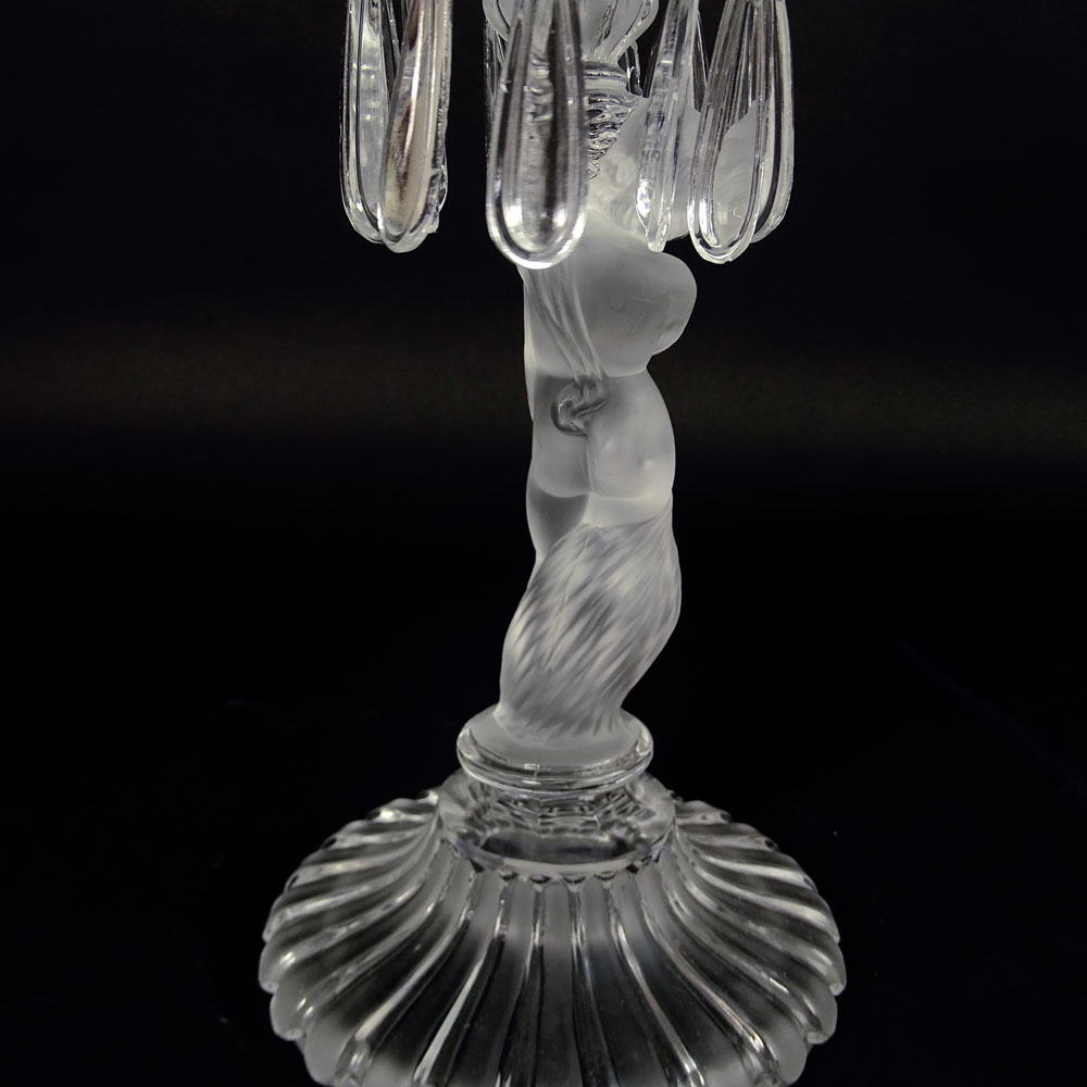 Baccarat Figural Candlestick With Prisms and Etched Hurricane Shade. Signed.