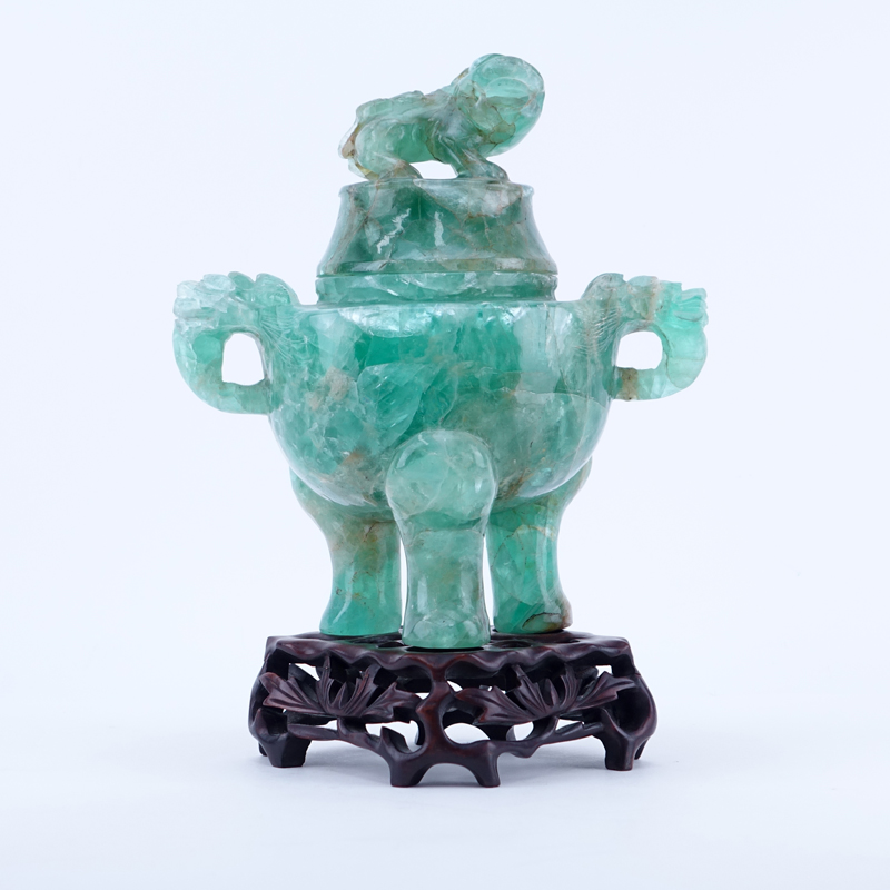 Antique Chinese Carved Blue Quartz Covered Censer on Wooden Stand. Decorated with mock dragon handles, foo dog finial, and paw feet.