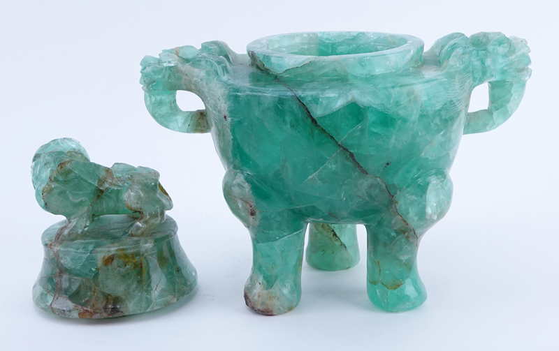 Antique Chinese Carved Blue Quartz Covered Censer on Wooden Stand. Decorated with mock dragon handles, foo dog finial, and paw feet.