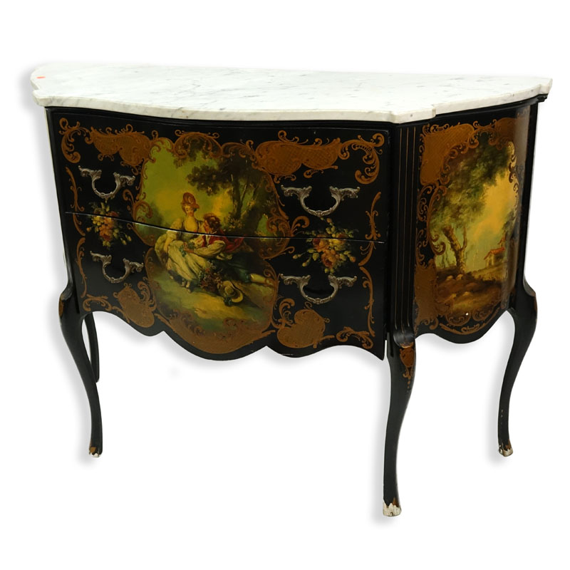 20th Century Louis XV Style and Vernis Martin Style Black Lacquer and Gilt Marble Top Commode. Two fitted drawers with gilt brass handles, standing on cabriole legs, with courting scene painted front and outdoor scene flanked at the sides.
