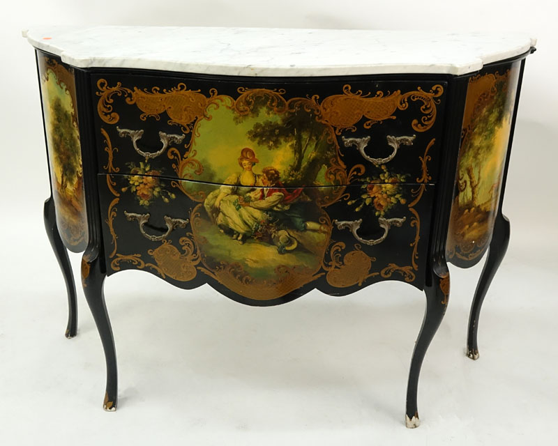 20th Century Louis XV Style and Vernis Martin Style Black Lacquer and Gilt Marble Top Commode. Two fitted drawers with gilt brass handles, standing on cabriole legs, with courting scene painted front and outdoor scene flanked at the sides.