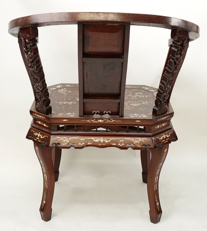 Pair of Chinese Carved Hardwood and Bone Inlay Horseshoe Armchairs. One chair has splits to armrest and missing panel on lower gallery, rubbing to veneer on both or else good condition.