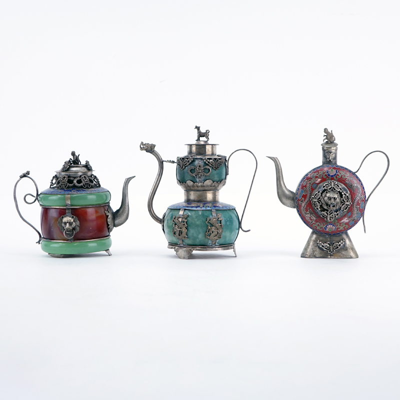 Three (3) Vintage Water Droppers Chinese White Metal, Carnelian, Jade, Hardstone and Enamel Water Droppers. Stamped to bases.