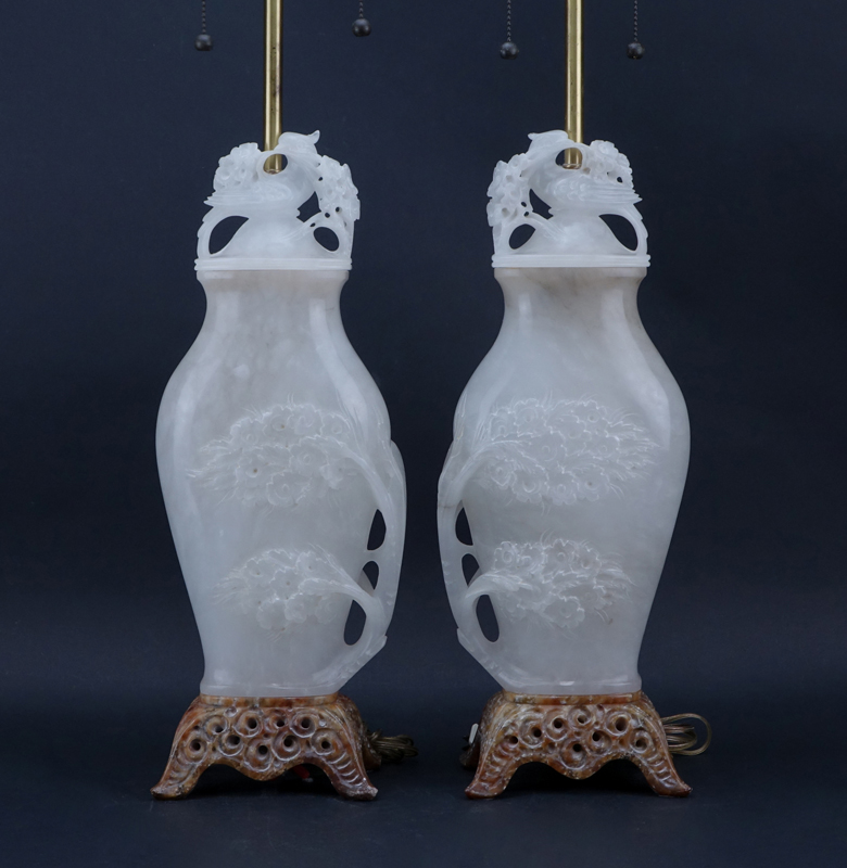 Pair Marbro Chinese Style Carved Alabaster Lamps. In the form of large lidded urns.