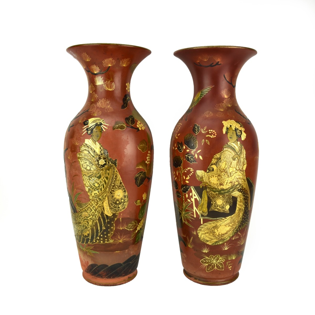 Pair Japanese Enameled Terra Cotta Vases