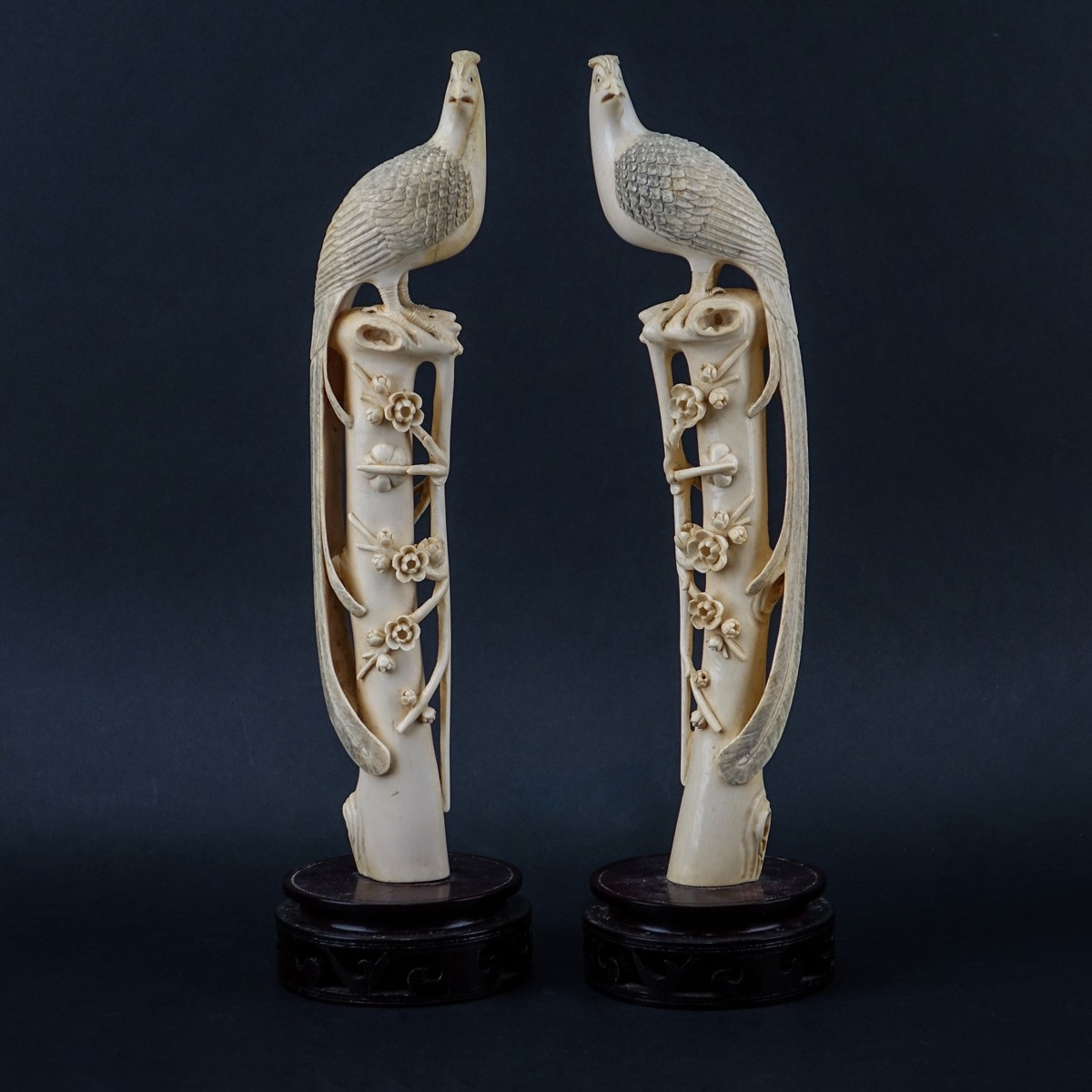 Pair Chinese Carved Ivory Phoenix Birds