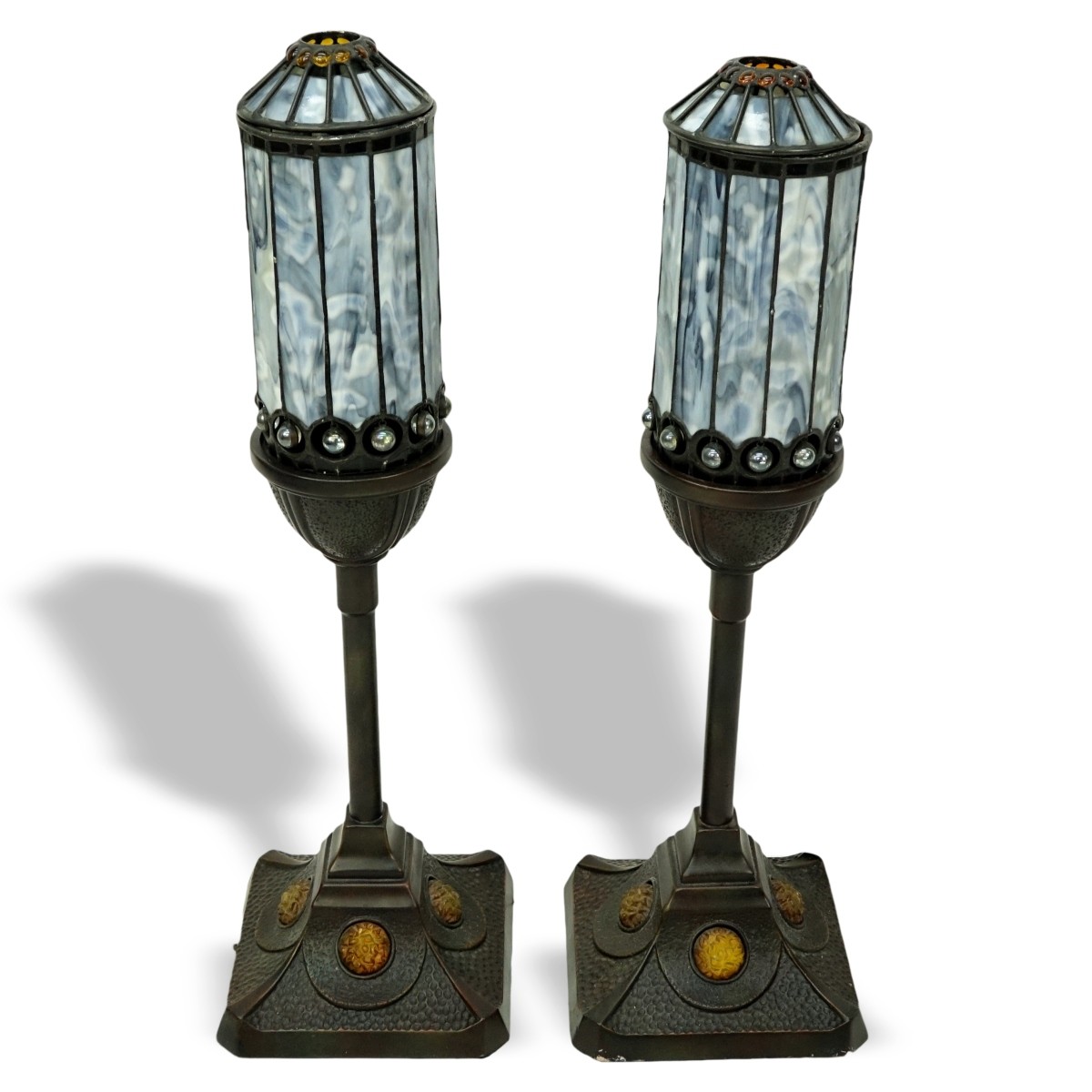 Pair Of Quoizel Inc Lamps With Leaded Glass Shades
