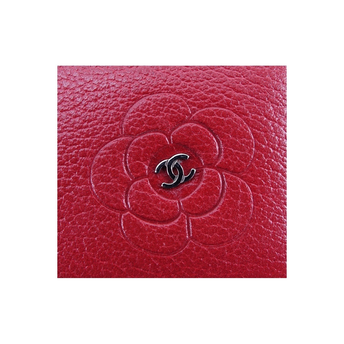 Chanel Red Small Grained Leather Flower Logo Long