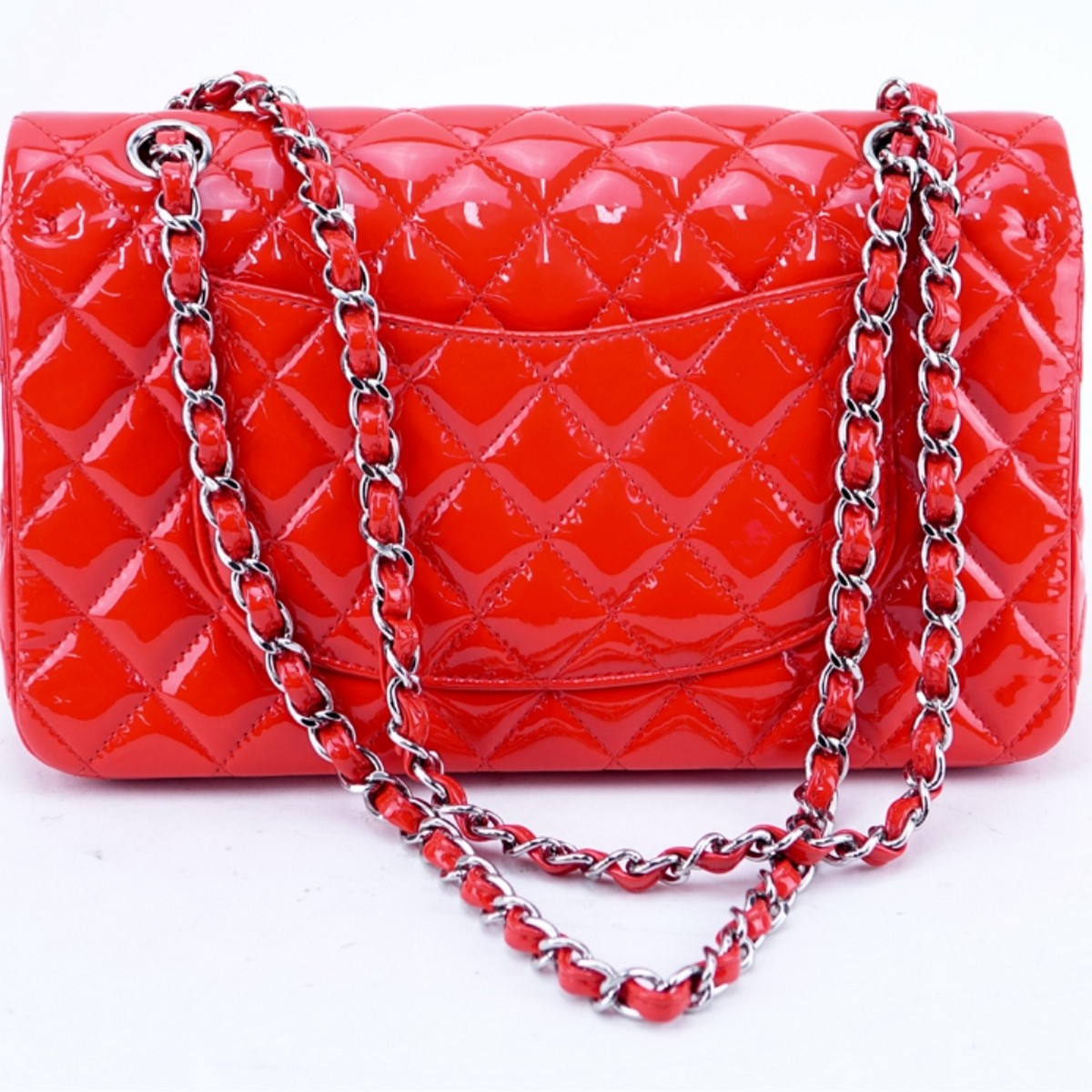 Chanel Red Quilted Patent Leather Classic Dbl Flap