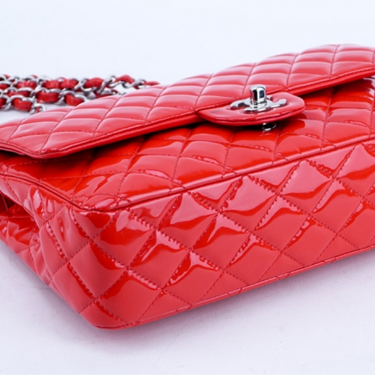 Chanel Red Quilted Patent Leather Classic Dbl Flap