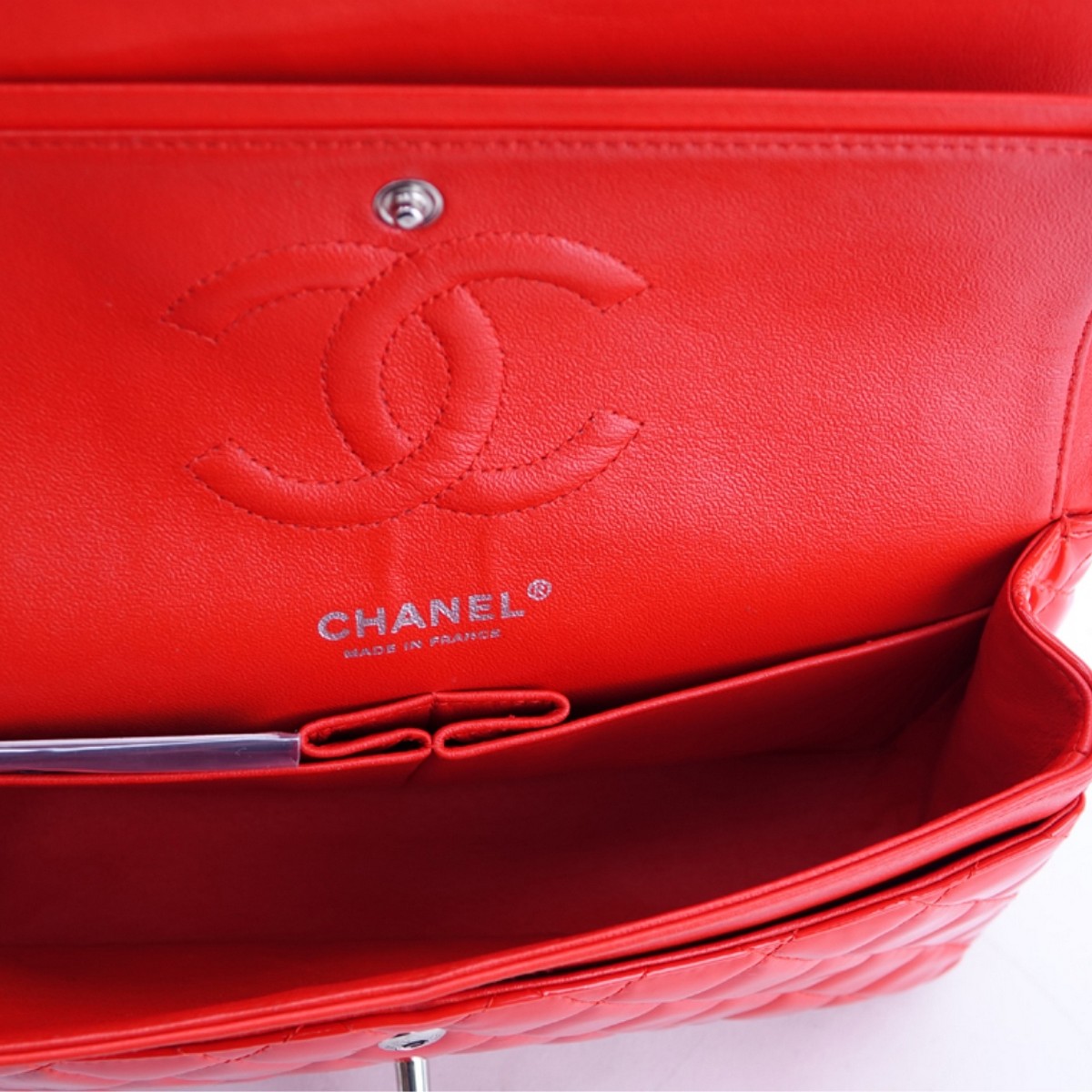 Chanel Red Quilted Patent Leather Classic Dbl Flap