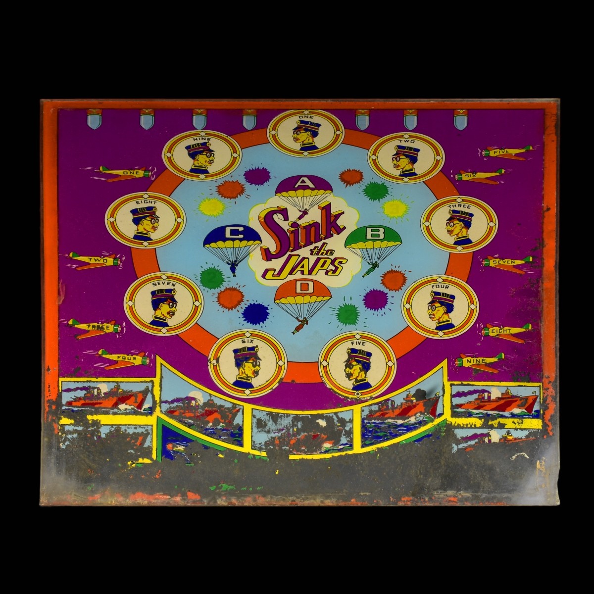 WWII Era "Sink the Japs" Pinball Back Glass