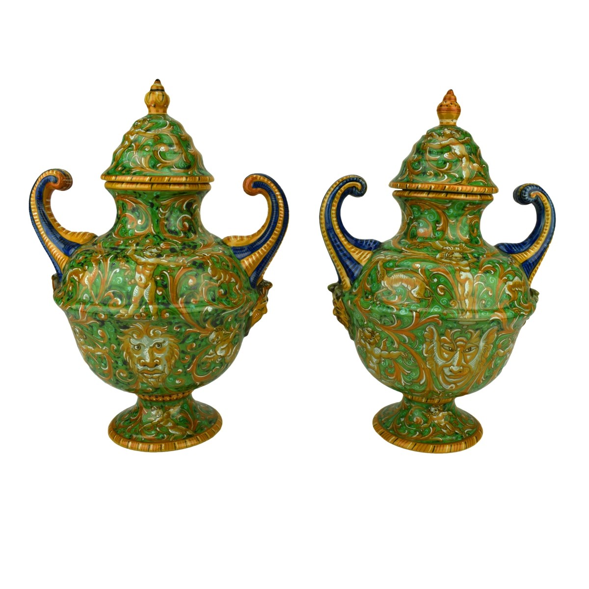 Pair of Italian Majolica Covered Urns