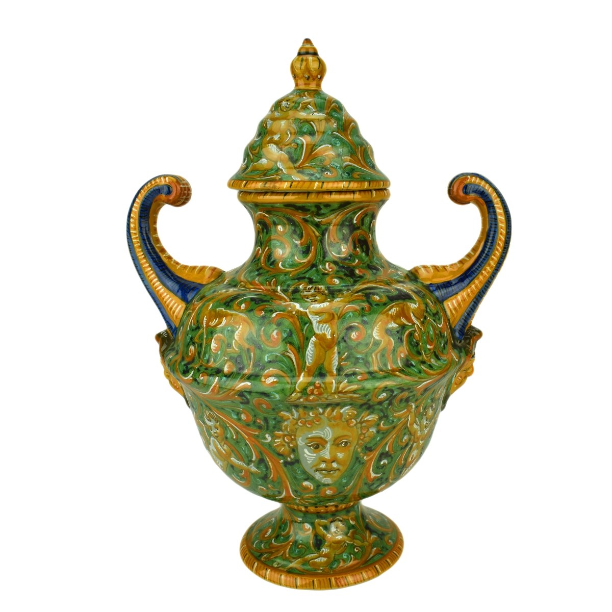 Pair of Italian Majolica Covered Urns