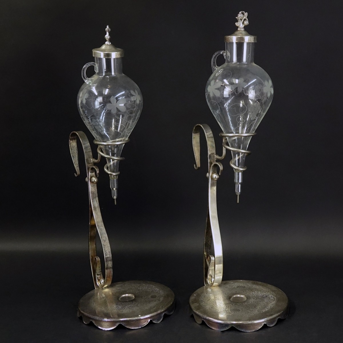 Pair Antique Silver Plate & Glass Wine Aerators