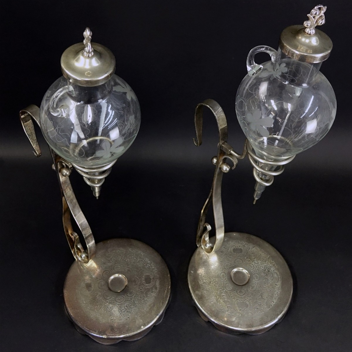 Pair Antique Silver Plate & Glass Wine Aerators