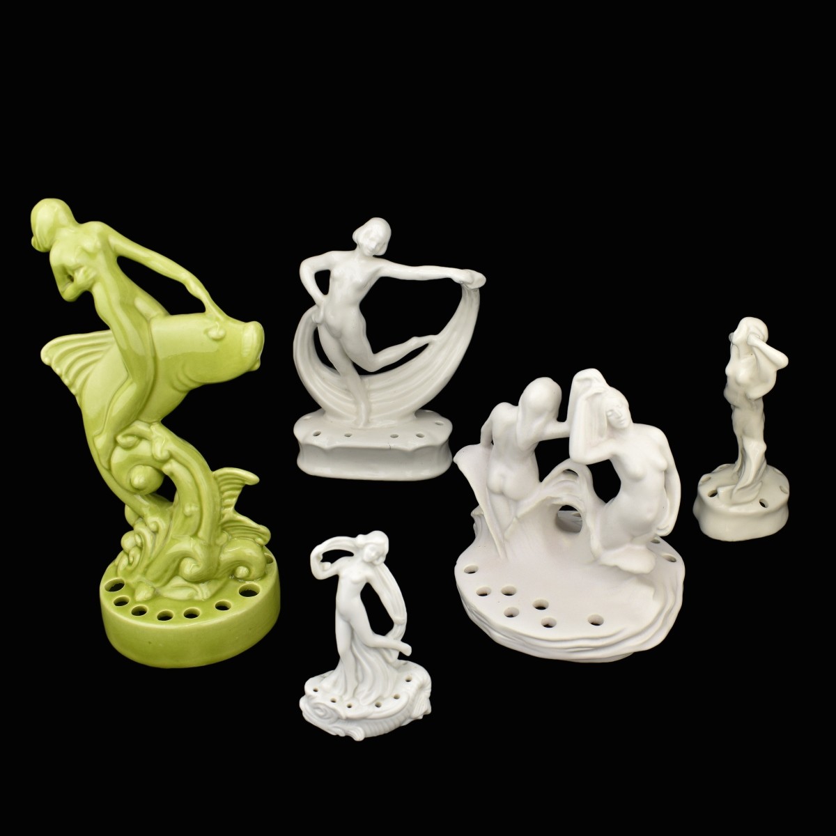 Five (5) Art Deco Porcelain & Pottery Flower Frogs