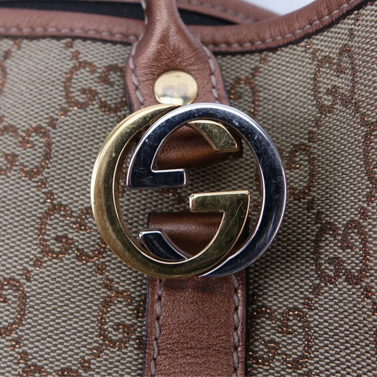 Gucci Beige/Metallic Brown Canvas Twins PM Tote