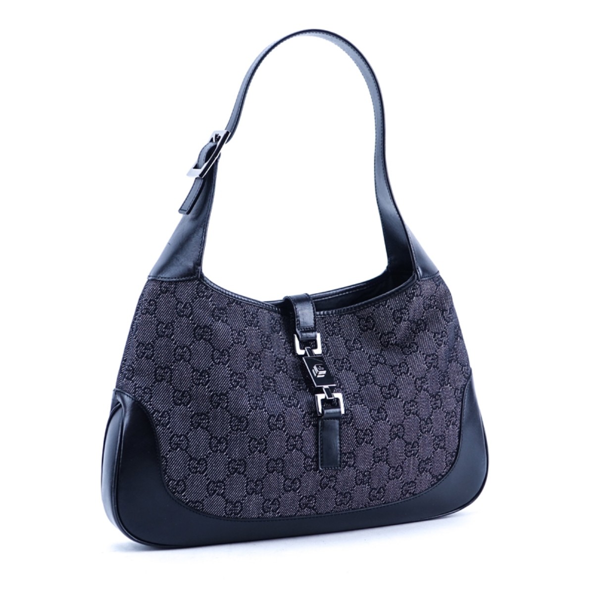 Gucci Black Monogram Denim Jackie MM Hobo Bag