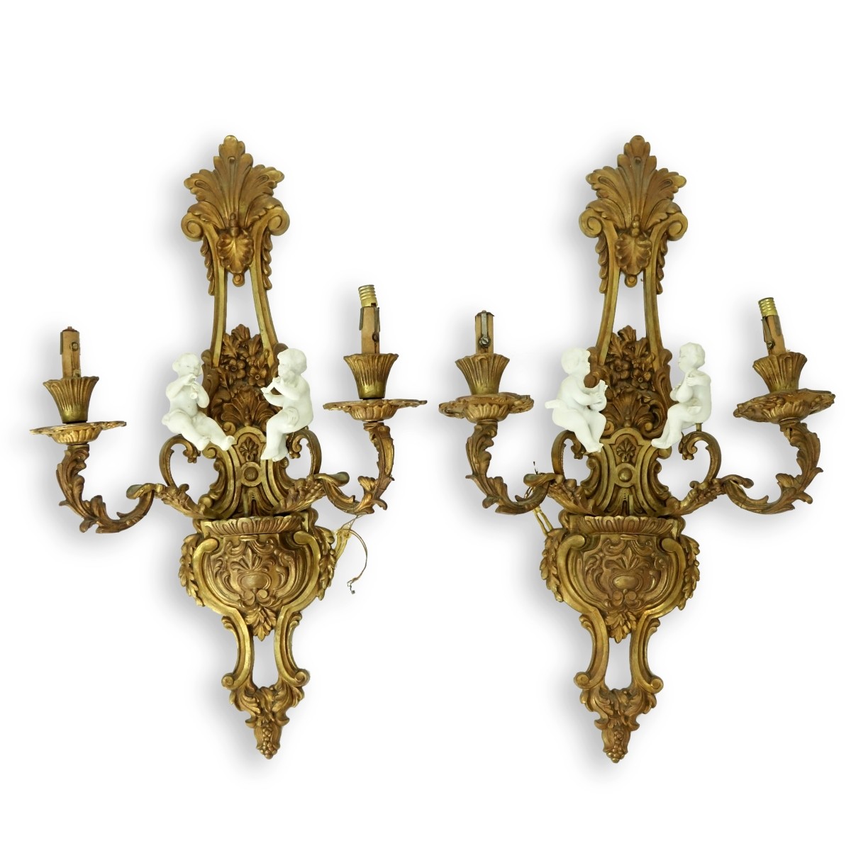 Pair Bronze 2 Light Sconces With Bisque Figures