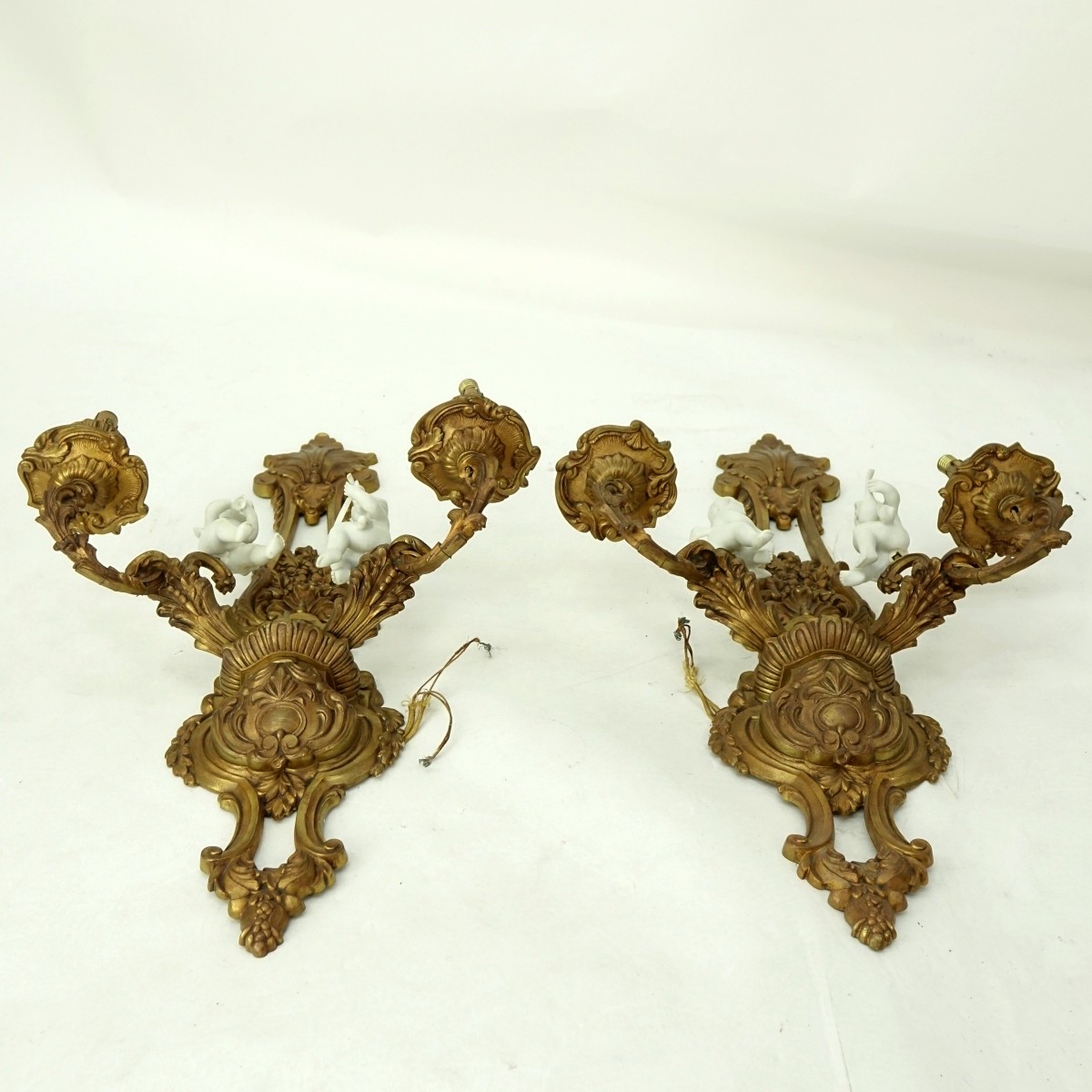 Pair Bronze 2 Light Sconces With Bisque Figures