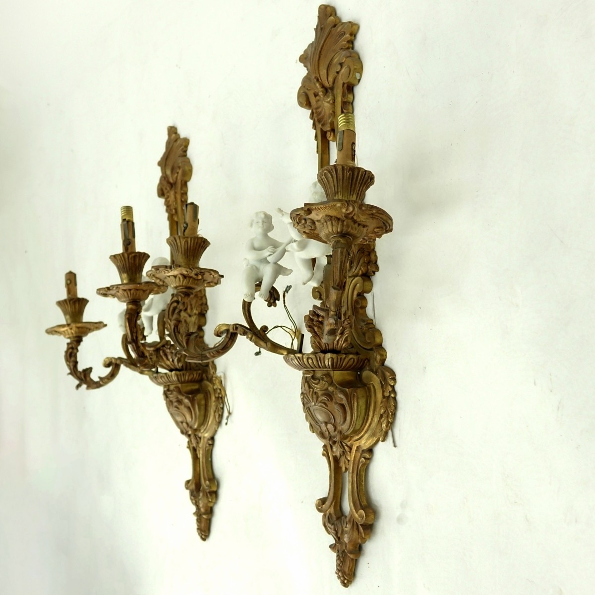 Pair Bronze 2 Light Sconces With Bisque Figures
