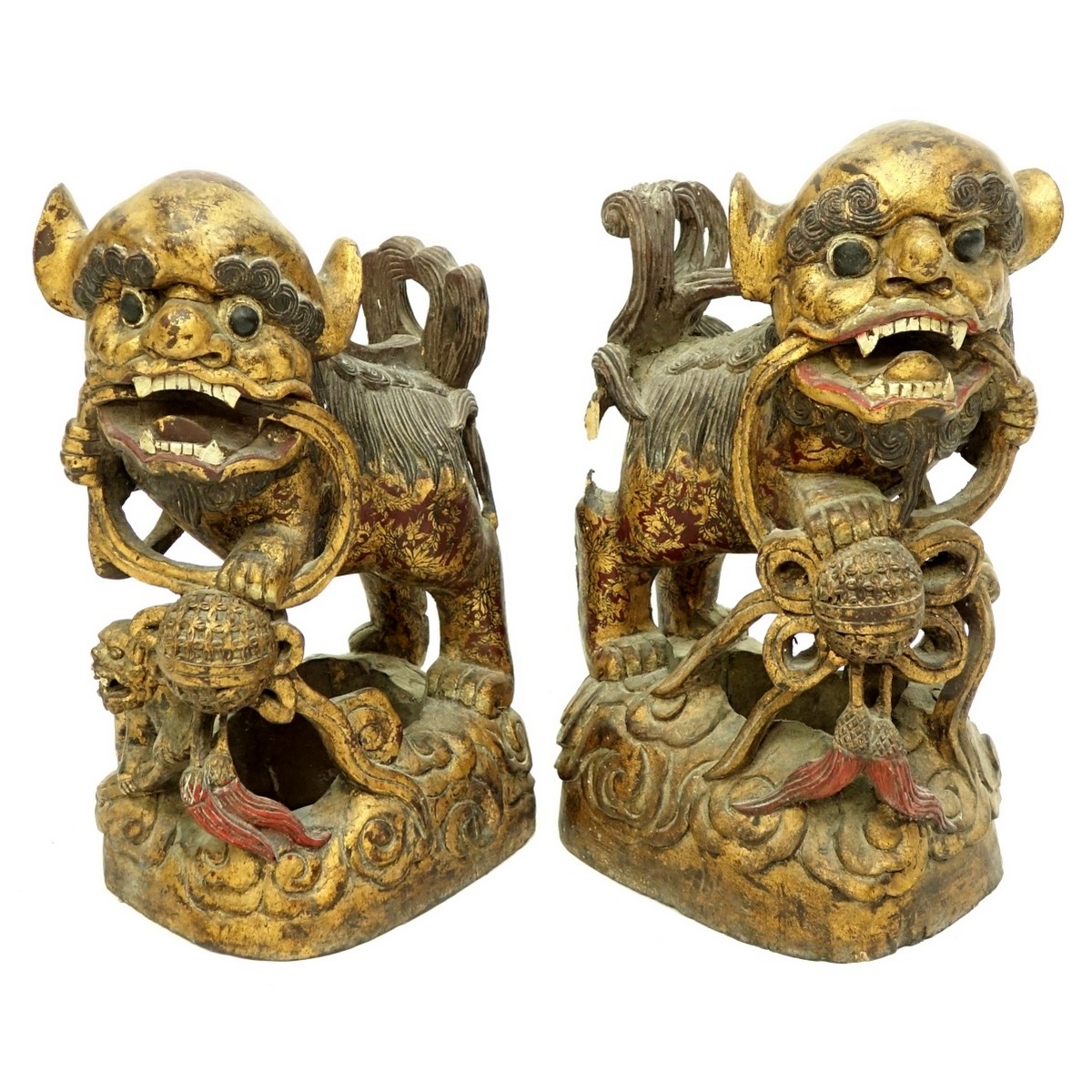 Pair of Large Chinese Gilt Wood Foo Dog Carvings