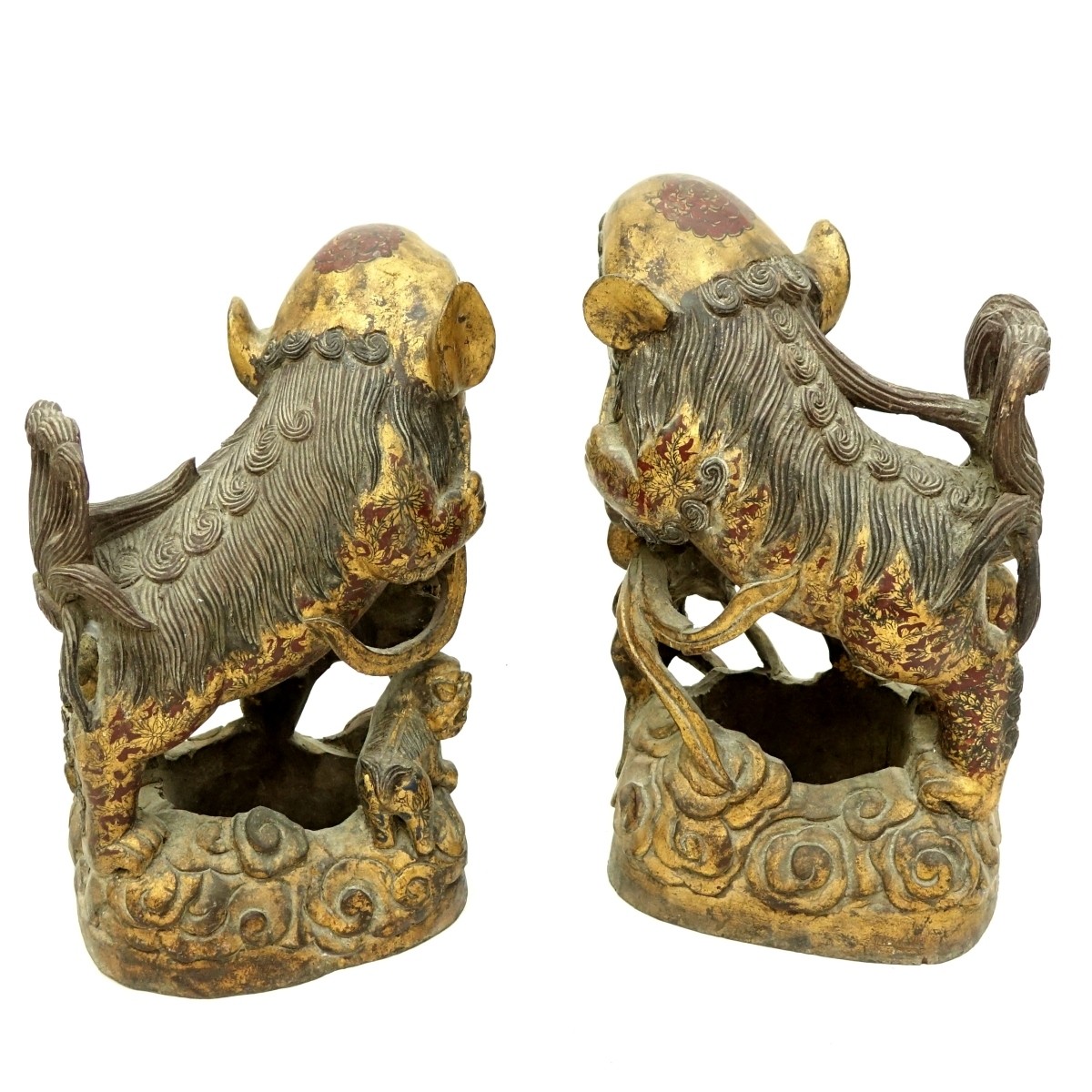 Pair of Large Chinese Gilt Wood Foo Dog Carvings