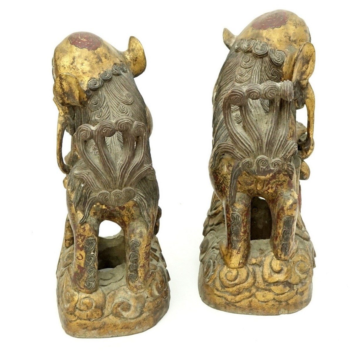 Pair of Large Chinese Gilt Wood Foo Dog Carvings