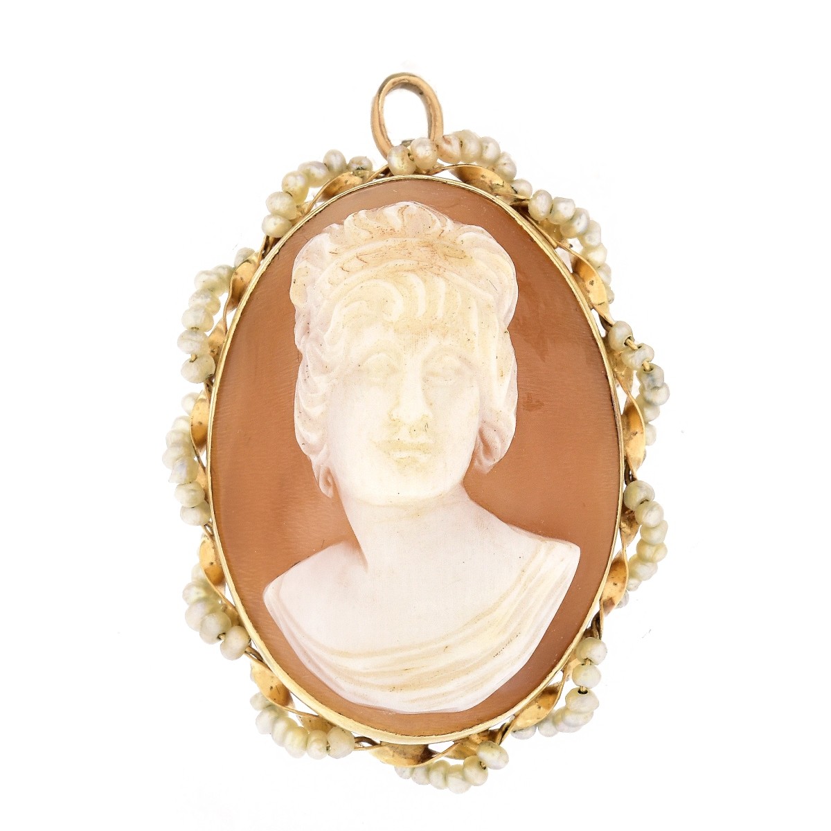 14K Gold and Seed Pearl Cameo Pendant Brooch