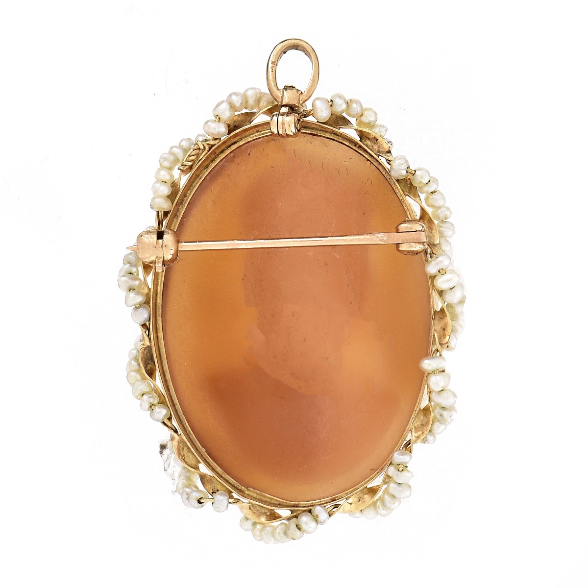 14K Gold and Seed Pearl Cameo Pendant Brooch