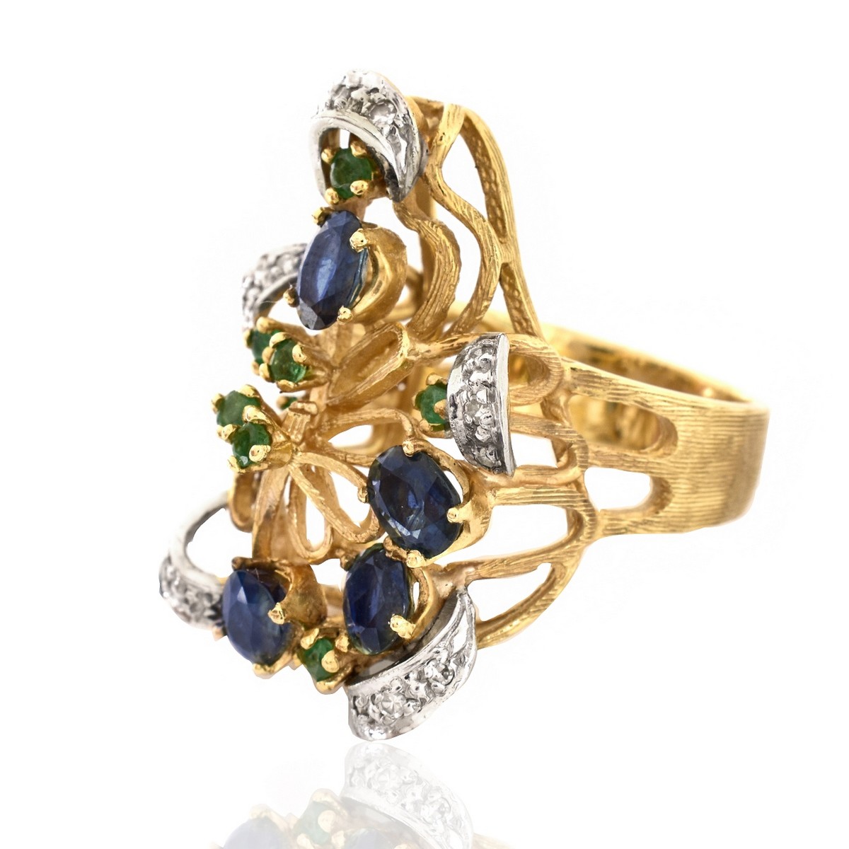 Vintage Sapphire, Emerald, Diamond and 14K Gold Ri