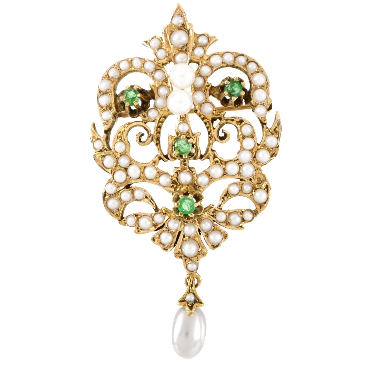 Vintage 14K Gold, Pearl and Emerald Brooch