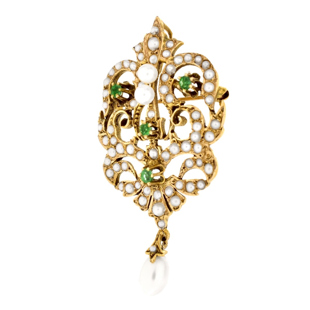 Vintage 14K Gold, Pearl and Emerald Brooch