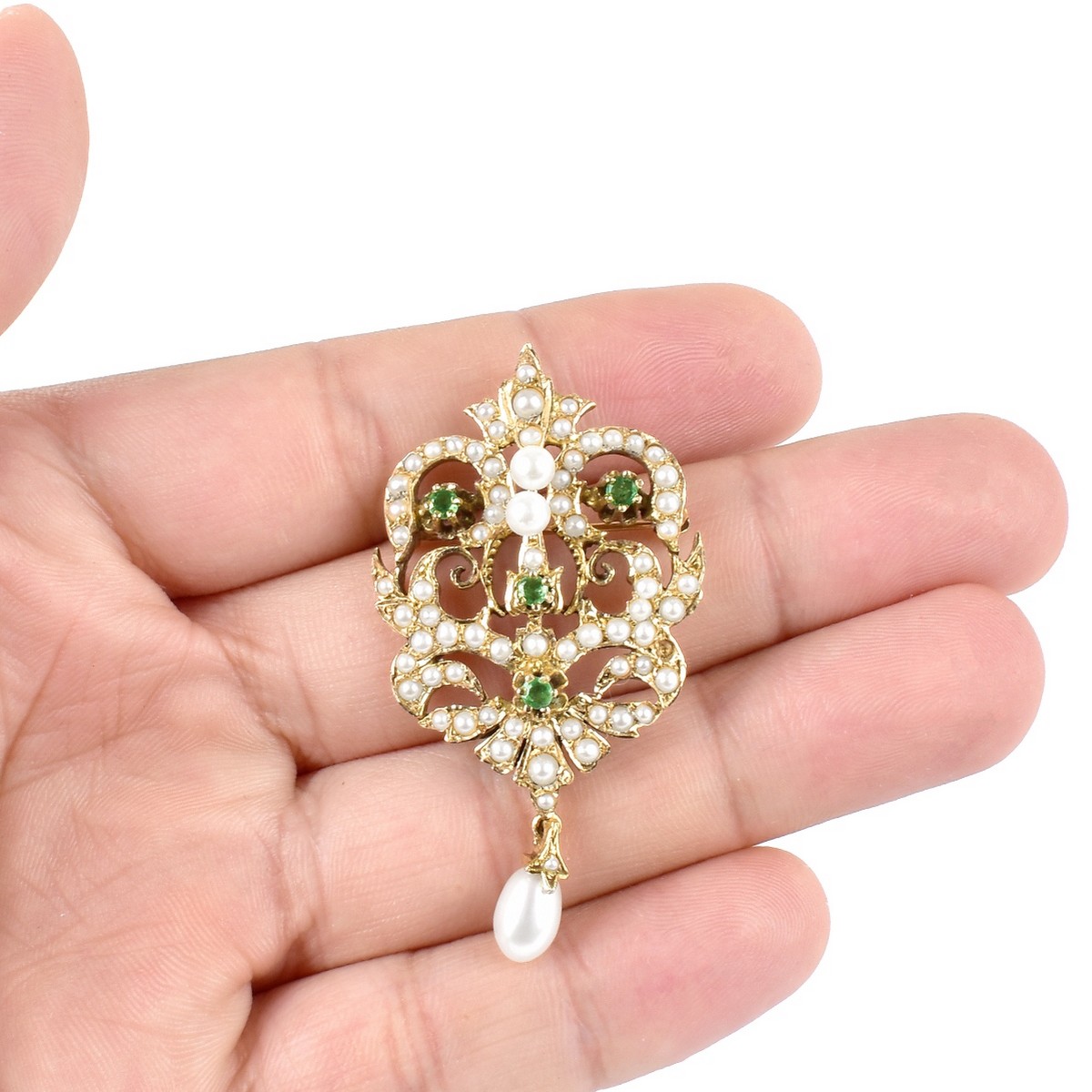 Vintage 14K Gold, Pearl and Emerald Brooch